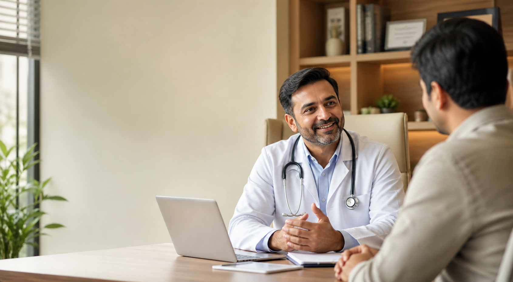 Indian physician happily speaking with a patient in a bright clinic consultation room